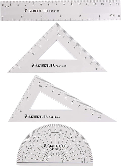STAEDTLER Math Set - 4 pc Geometry Kit for Students with Clear Protractor, 6in Ruler & 2 Triangles – School Supplies