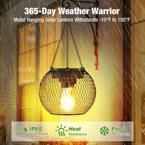 2 Pack, 13.45" Solar Lanterns Outdoor Waterproof Metal Solar Hanging Lights with Hooks & Auto On/Off, Brighter Warm
