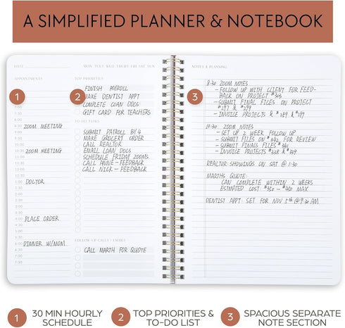 ZICOTO Simplified Daily Planner And Notebook With Hourly Schedule - Aesthetic Spiral To do List Notepad to Easily Organize Your Work Tasks And Appointments - The Perfect Office Supplies For Women by ZICOTO