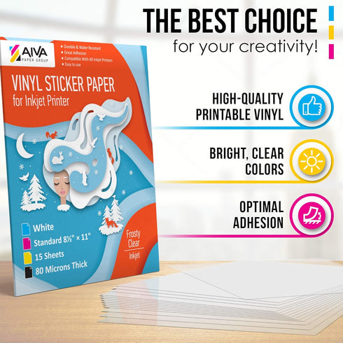 Printable Vinyl Sticker Paper for Inkjet Printer, Frosty Clear, 15 Self-Adhesive Sheets, Waterproof Decal Paper