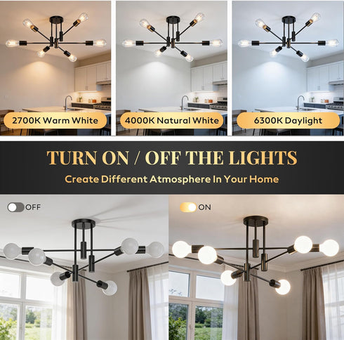 6-Light Sputnik Light Fixture, Solid Matte Black Mid-Century Modern Chandelier for Dining Room, Kitchen, Living Room