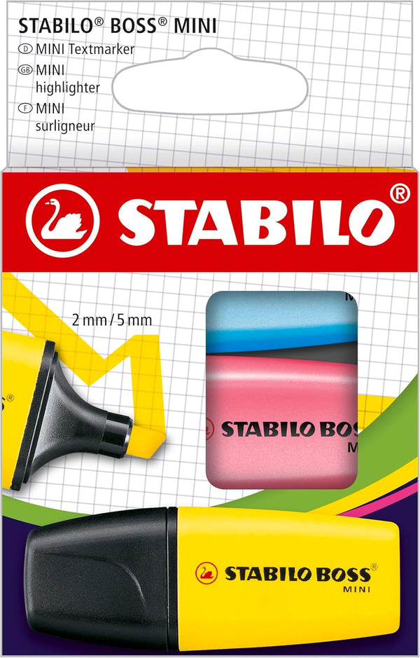 STABILO BOSS Mini Highlighter Set, 3-Color Pack in Yellow, Pink, and Blue