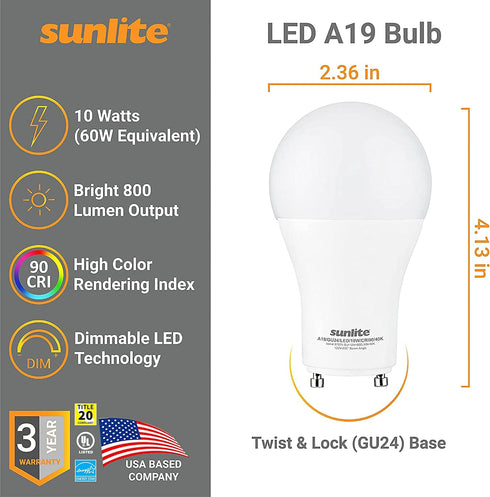 Sunlite A19 GU24 Dimmable Light Bulb, 9 Watts (60WEquivalent) 800 Lumens, 2 Prong LED Twist and Lock Base, 90 CRI, ETL Rated for Enclosed Fixtures, 4000K Cool White, 1 Pack by Sunlite
