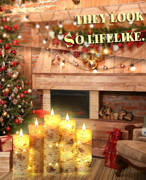 Set 5 4", 5", 6", 7", 8") Da by LED Candles Hand Painted Birch Bark Recessed String Candles of (Heights: Battery