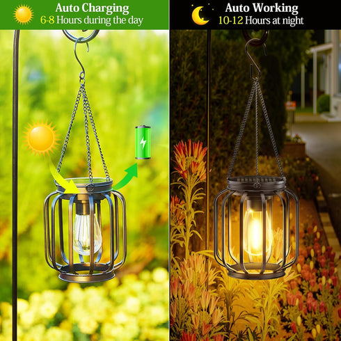 2 Pack Solar Hanging Lanterns Outdoor: Metal Solar Hanging Lights with Hook, Bright - Warm Waterproof LED Lanterns