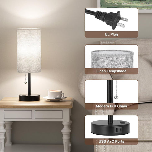 17.4Inches 3 Grey Bedside Lamp for Bedroom Nightstand - Tall Table Lamp with USB A + C Charging Port & AC Outlet, Color