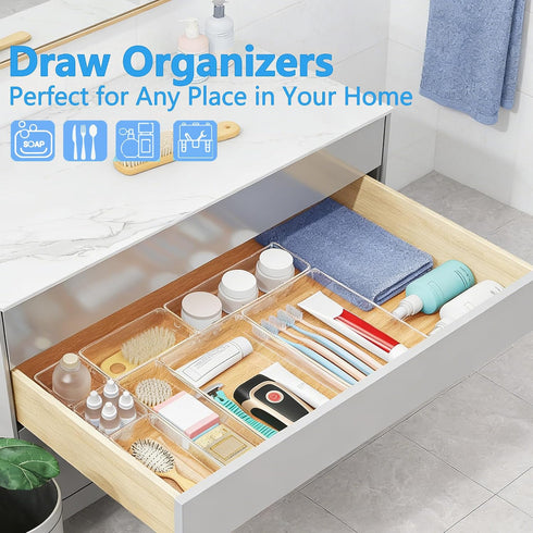 Asnews Set 60, 4-Size Clear Drawer Organizers of Vanity Organizer Trays, Stackable Bathroom & Desk Drawer Organizer