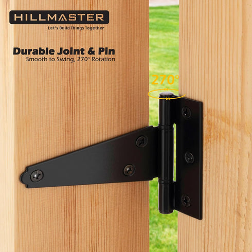 HILLMASTER 4 Inch Rustproof(6 Pack) T-Strap Hinges Heavy Duty Shed Door Hinges Gate Strap Hinges Black Tee Hinge