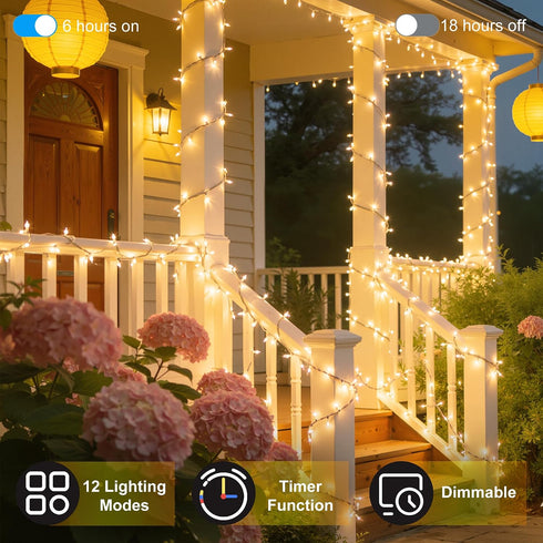 240FT 750LED Lights,12 Dimmable, Christmas Modes Warm White Outdoor String Lights with Timer & Waterproof Green Wire