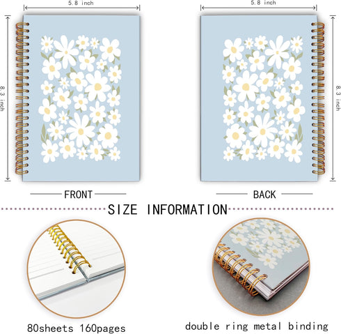 Boho Retro Daisy Floral Spiral Notebook, College Ruled, 5.5×8.3 Inches, Hard Cover Journal for Women