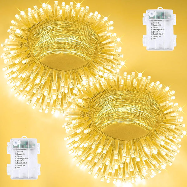 2 Pack String Lights Battery Operated with Timer, 66FT 200 LED Waterproof