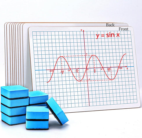 Small Dry Erase Graph Board, 9"x12" XY Axis Whiteboard - 10 Pack Mini Math Boards for Students with 10 Erasers