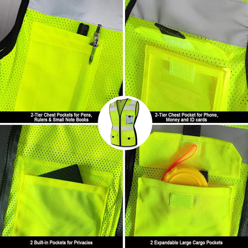 TCCFCCT Women's High Visibility Reflective Vest, 11 Pockets Neon Construction Work Vest with Zipper