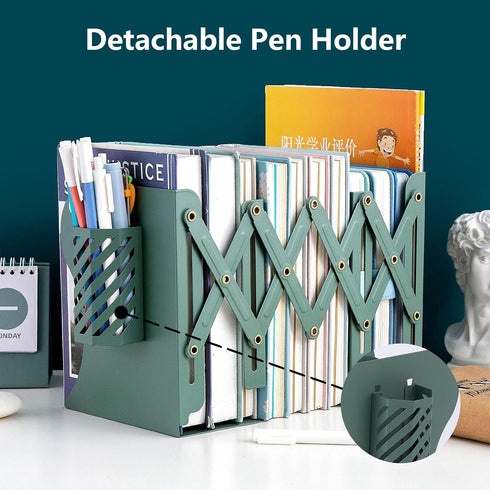 YIRUIDD Adjustable Bookends for Shelves, Metal Bookends for Heavy Books, Book Stopper Organzier with Pen Holder