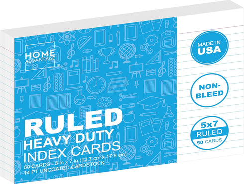5x7 50 Pack Home Advantage Ruled Index Cards - Our of Lined Notecards Use Heavy Duty Cardstock to Make Them Bleed Proof