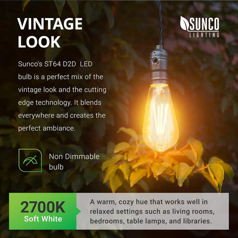 Sunco Lighting 2 Pack, Dusk to Dawn Light Bulbs, LED Edison 2700K Soft White, 7W Equivalent 60W, E26 Base