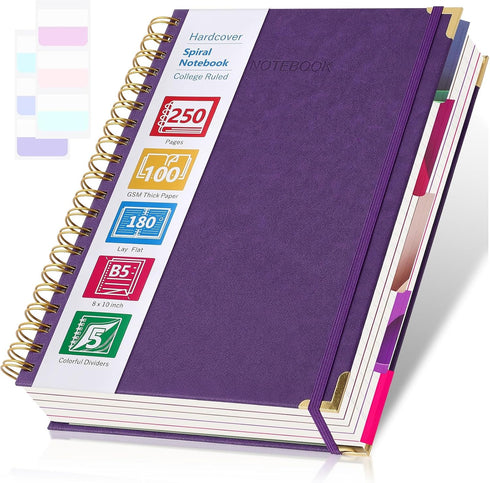 Spiral Notebook, 5 Subject College Ruled Notebook with Dividers, 250 Pages Leather Journal (B5 Purple)