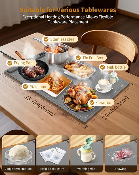 3 Plate,Countertop Food Warming Mat - Fast & Full Surface Heating, Silicone Heat Pad with Adjustable Temperature