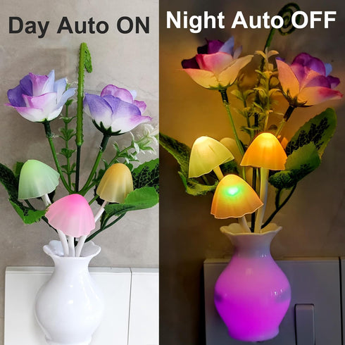 4 Pack AUSAYE Plug in LED Night Light Sensor Rose Light, Energy Saving Lamp Dream Nightlight Rose Flower Mushroom Night