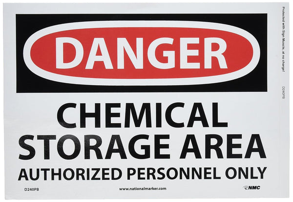 NMC D240PB DANGER - CHEMICAL STORAGE AREA - AUTHORIZED PERSONNEL ONLY, 14 in. x 10 in. PS Vinyl Danger Sign.