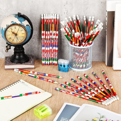 International Flags World Pencils: American, British, France, China, India with Erasers - 60 Pcs for School Supplies