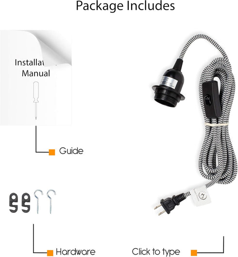Set 15 E-26 Bulb, Rustic State Black Fabric Cord with Toggle Switch Feet Hanging Pendant Light Fixtures, Uses Standard
