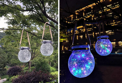 KIMI HOUSE 2 Pack Hanging Solar Powered LED Lights,Cracked Glass Ball Light, Waterproof Outdoor Christmas Decorative