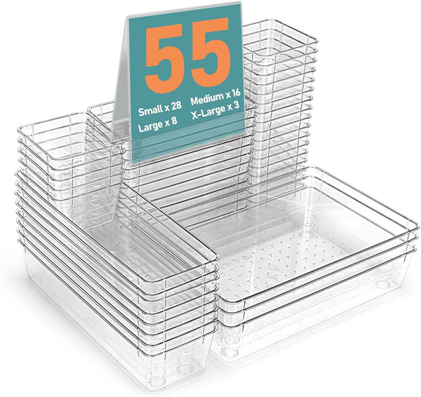 55Pcs Clear Plastic Drawer Organizers Set, 4size makeup drawer organizer trays for
