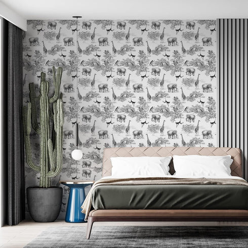 Peel and Stick Wallpaper for Kids Room, Giraffe and Elephant Black/White Vintage Contact Paper, 17.7 x 118.1