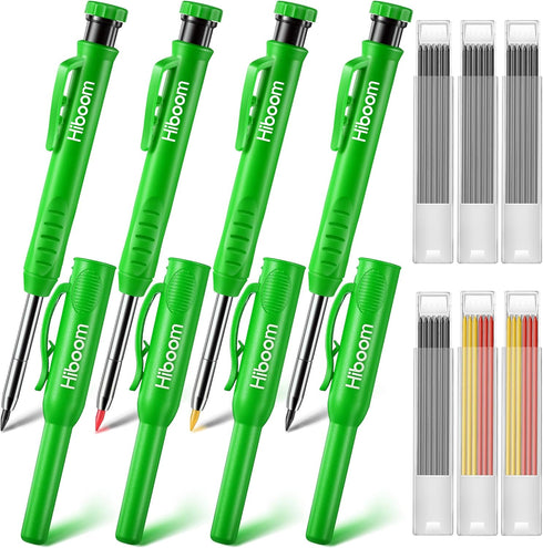 Hiboom 4 Pack Carpenter Pencils Set with 24 Refills, Mechanical Pencil with Built-in Sharpener for Woodworking