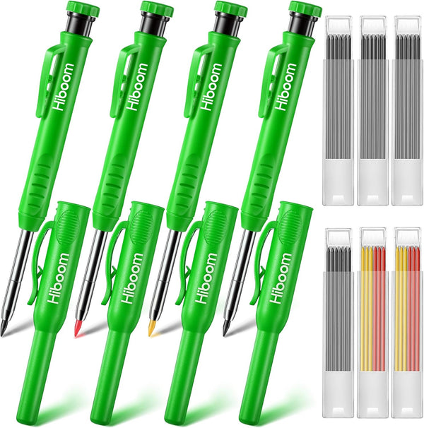 Hiboom 4 Pack Carpenter Pencils Set with 24 Refills, Mechanical Pencil with Built-in Sharpener for Woodworking
