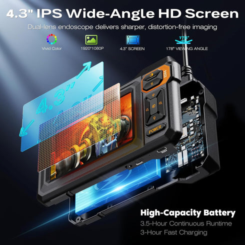 4.3" 1920P 7.9mm IP67 8+1 16.5FT Borescope Dual Lens Endoscope Camera with Light, IPS HD Inspection Camera, Waterproof