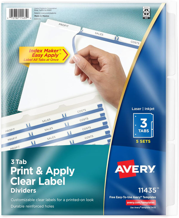 Avery 3-Tab Dividers for 3 Ring Binder, Easy Print & Apply Clear Label Strip, 5 Sets, 11435