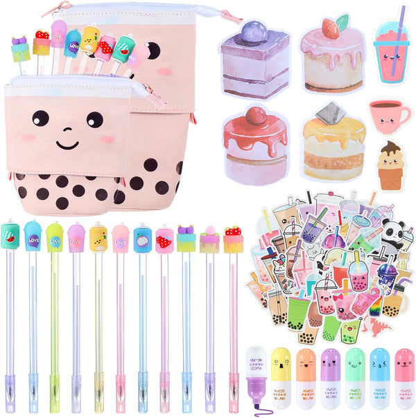 Sabary 228 Pcs Kawaii Stationary Set, Telescopic Boba Pencil Pouch, Gel Ink Pen, Sticky Note, Cute School Supplies for