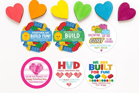 Tickle Bellies 12 Count Personalized Valentine Stickers for Kids Classroom Exchange Building Blocks Theme Custom Name