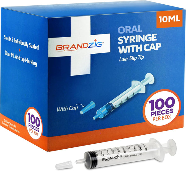 BRANDZIG 10ml Oral Syringe With Cap (100 Pack) | Oral Dispenser Without Needle,
