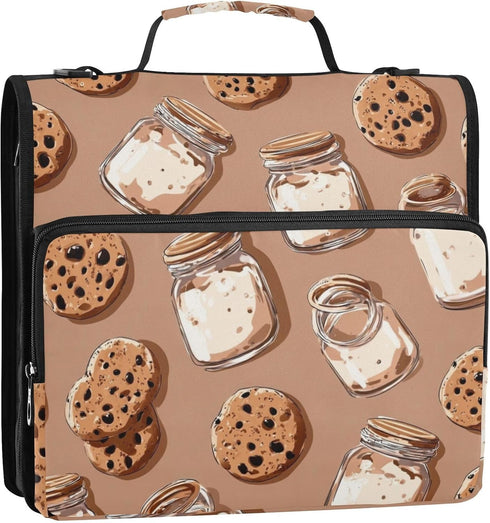Krafig 3 Cute Cookies Milk Pattern Zipper Binder Bag Ring with Handle Shoulder Strap, Binder File Organizer Bag Storage