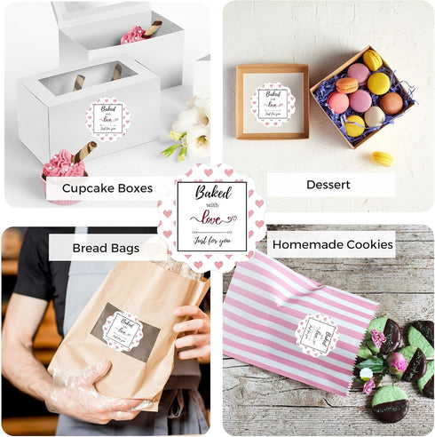 Mobiusea Creation Baked with Love Stickers Roll - Waterproof Scalloped Cut 2 inch Labels for Bakery Packaging