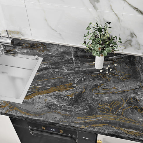 Black/Gold Marble Contact Paper, Peel and Stick Glossy Waterproof Wallpaper for Cabinets, Shelf 15.7"X78.8"