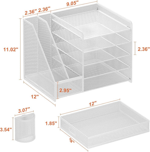 Marbrasse Desk Organizer with File Holder, 5-Tier Paper Letter Tray Organizer with Drawer, White Mesh Desktop Storage