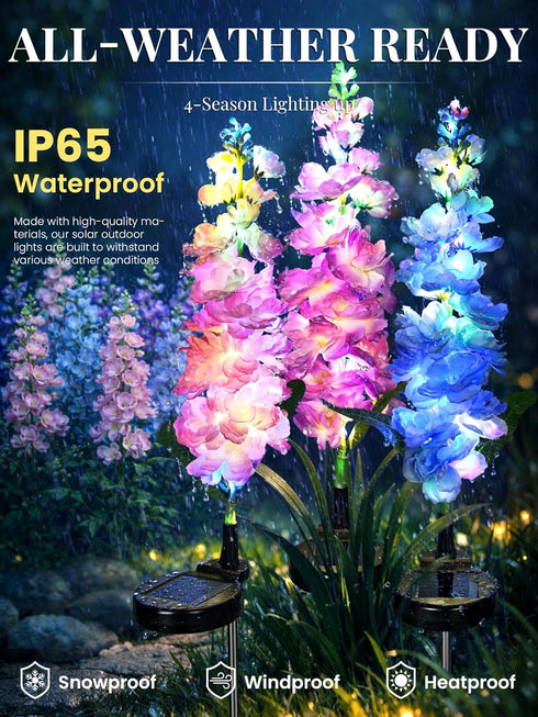 3 Pack 2 GIGALUMI Solar Lights Outdoor for Garden Decor, Solar Flower Lights Waterproof, Lighting Modes Delphinium