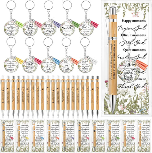 Christian Church Gifts Bulk Bible Verse Bamboo Pens, Floral Keychain, Inspirational Bookmark for Women