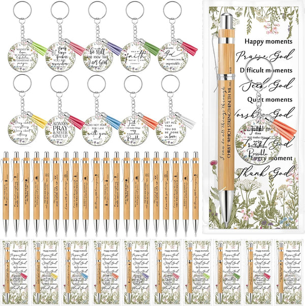 Christian Church Gifts Bulk Bible Verse Bamboo Pens, Floral Keychain, Inspirational Bookmark for Women