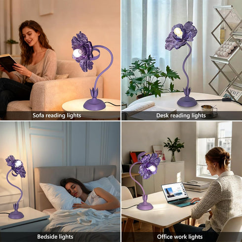 NewAoNaSen Lighting 3 E26 Bulb, Begonia Flower Table Lamp for Bedroom, Colors Flower Reading Light with Cute Desk Lamp