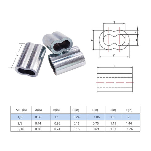 Wire Rope Sleeve, Aluminum Alloy, for Wire Rope Dia. 1/2", PK 10