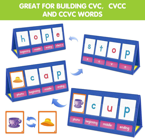 EAMAY CVC Word Building Desktop Pocket Chart Stand with Magnetic Write & Wipe Boards for Kids