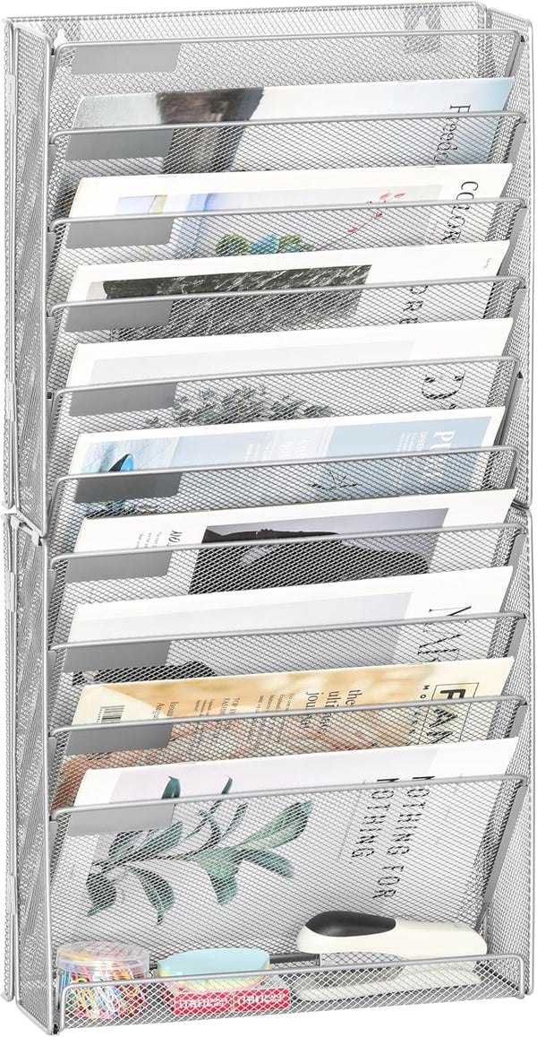 EasyPAG Mesh Wall File Holder, 11 Tier Office Hanging File Organizer, Silver Magazine Mails Rack for Papers and