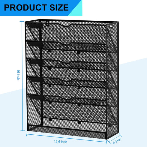 Wall Mounted File Organizer - 6 Tier Hanging Document Holder for Office Home, Black