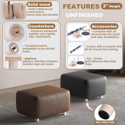 2 Inch Set 4 Small Unfinished Rubberwood Furniture Legs of - Short Solid Wood Legs Replacement for Ottoman