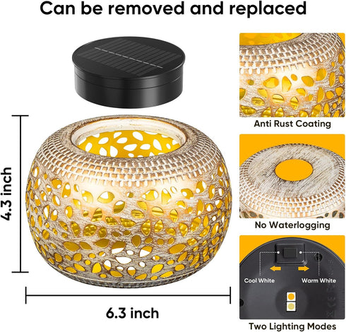 2 Pack 2 Solar Lanterns Outdoor Waterproof: White Gold Hollow Out Metal Solar Lights - Lighting Colors Outside Patio